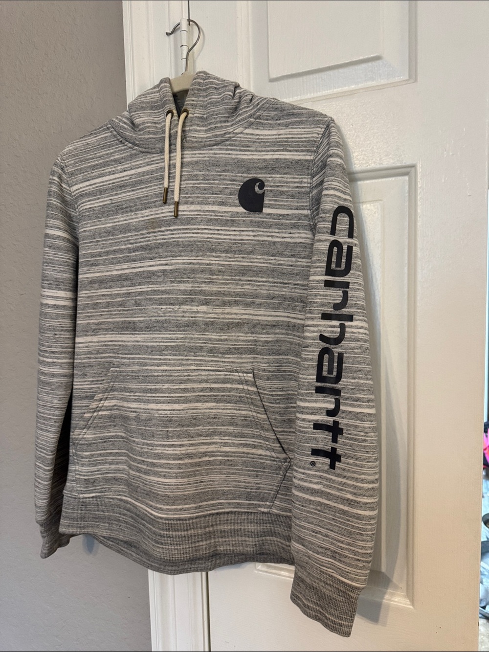 Carhartt Gray Striped Pullover Hoodie with Sleeve Logo